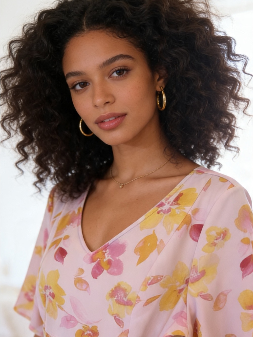 Floral V-Neck Pink Blouse with Yellow & Pink Blooms